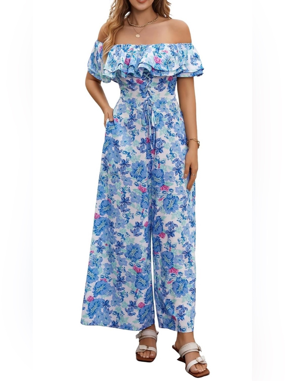 BeryLove Floral Jumpsuit Off The Shoulder Wide Leg Pockets Womens XL NWT